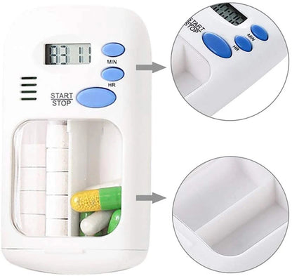Caja organizadora de medicamentos con alarma para recordar medicinas a tiempo.